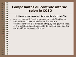 Composantes du contrôle interne
selon le COSO
1 Un environnement favorable de contrôle
• cela correspond à l'environnement de contrôle (Control
Environment). Cela fait référence à la culture
organisationnelle, à la direction éthique, à la gouvernance,
et à la création d'une base solide de contrôle pour que les
autres éléments soient efficaces.
19
 