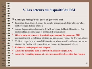 5. Les acteurs du dispositif du RM
 Le Risque Management: pilote du processus MR
 Permet au Comité des Risques de remplir ses responsabilités telles qu’elles
sont précisées dans sa charte ;
 Assure la promotion du modèle de MR auprès de la Haute Direction et des
responsables des structures et entités de l’organisation ;
 Gère la mise en œuvre et le maintien permanent du processus MR
conformément à la politique générale de gestion des risques de l’organisation;
 Veille à ce que le processus MR fonctionne, d’une manière efficace, à tous les
niveaux de l’entité et à ce que tous les risques sont connus et gérés ;
 Elabore la cartographie des risques ;
 Anime la démarche Risk Control Self Assessment (RCSA) ;
 Assure le reporting interne et externe en matière de gestion des risques.
44
 