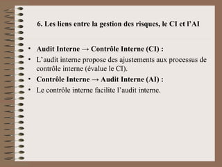 6. Les liens entre la gestion des risques, le CI et l’AI
• Audit Interne → Contrôle Interne (CI) :
• L’audit interne propose des ajustements aux processus de
contrôle interne (évalue le CI).
• Contrôle Interne → Audit Interne (AI) :
• Le contrôle interne facilite l’audit interne.
 