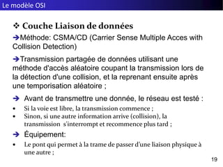 Le modèle OSI
19
 Couche Liaison de données
Méthode: CSMA/CD (Carrier Sense Multiple Acces with
Collision Detection)
Transmission partagée de données utilisant une
méthode d'accès aléatoire coupant la transmission lors de
la détection d'une collision, et la reprenant ensuite après
une temporisation aléatoire ;
 Avant de transmettre une donnée, le réseau est testé :
 Si la voie est libre, la transmission commence ;
 Sinon, si une autre information arrive (collision), la
transmission s'interrompt et recommence plus tard ;
 Équipement:
 Le pont qui permet à la trame de passer d’une liaison physique à
une autre ;
 