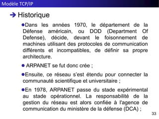 Modèle TCP/IP
33
33
 Historique
Dans les années 1970, le département de la
Défense américain, ou DOD (Department Of
Defense), décide, devant le foisonnement de
machines utilisant des protocoles de communication
différents et incompatibles, de définir sa propre
architecture.
 ARPANET se fut donc crée ;
Ensuite, ce réseau s’est étendu pour connecter la
communauté scientifique et universitaire ;
En 1978, ARPANET passe du stade expérimental
au stade opérationnel. La responsabilité de la
gestion du réseau est alors confiée à l'agence de
communication du ministère de la défense (DCA) ;
 