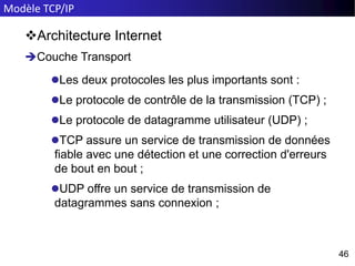 Modèle TCP/IP
46
46
Architecture Internet
Couche Transport
Les deux protocoles les plus importants sont :
Le protocole de contrôle de la transmission (TCP) ;
Le protocole de datagramme utilisateur (UDP) ;
TCP assure un service de transmission de données
fiable avec une détection et une correction d'erreurs
de bout en bout ;
UDP offre un service de transmission de
datagrammes sans connexion ;
 
