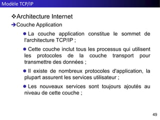 Modèle TCP/IP
49
49
Architecture Internet
Couche Application
 La couche application constitue le sommet de
l'architecture TCP/IP ;
 Cette couche inclut tous les processus qui utilisent
les protocoles de la couche transport pour
transmettre des données ;
 Il existe de nombreux protocoles d'application, la
plupart assurent les services utilisateur ;
 Les nouveaux services sont toujours ajoutés au
niveau de cette couche ;
 