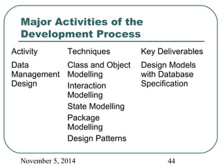 Major Activities of the 
Development Process 
Activity Techniques Key Deliverables 
Data 
Management 
Design 
Class and Object 
Modelling 
Interaction 
Modelling 
State Modelling 
Package 
Modelling 
Design Patterns 
Design Models 
with Database 
Specification 
November 5, 2014 44 
 