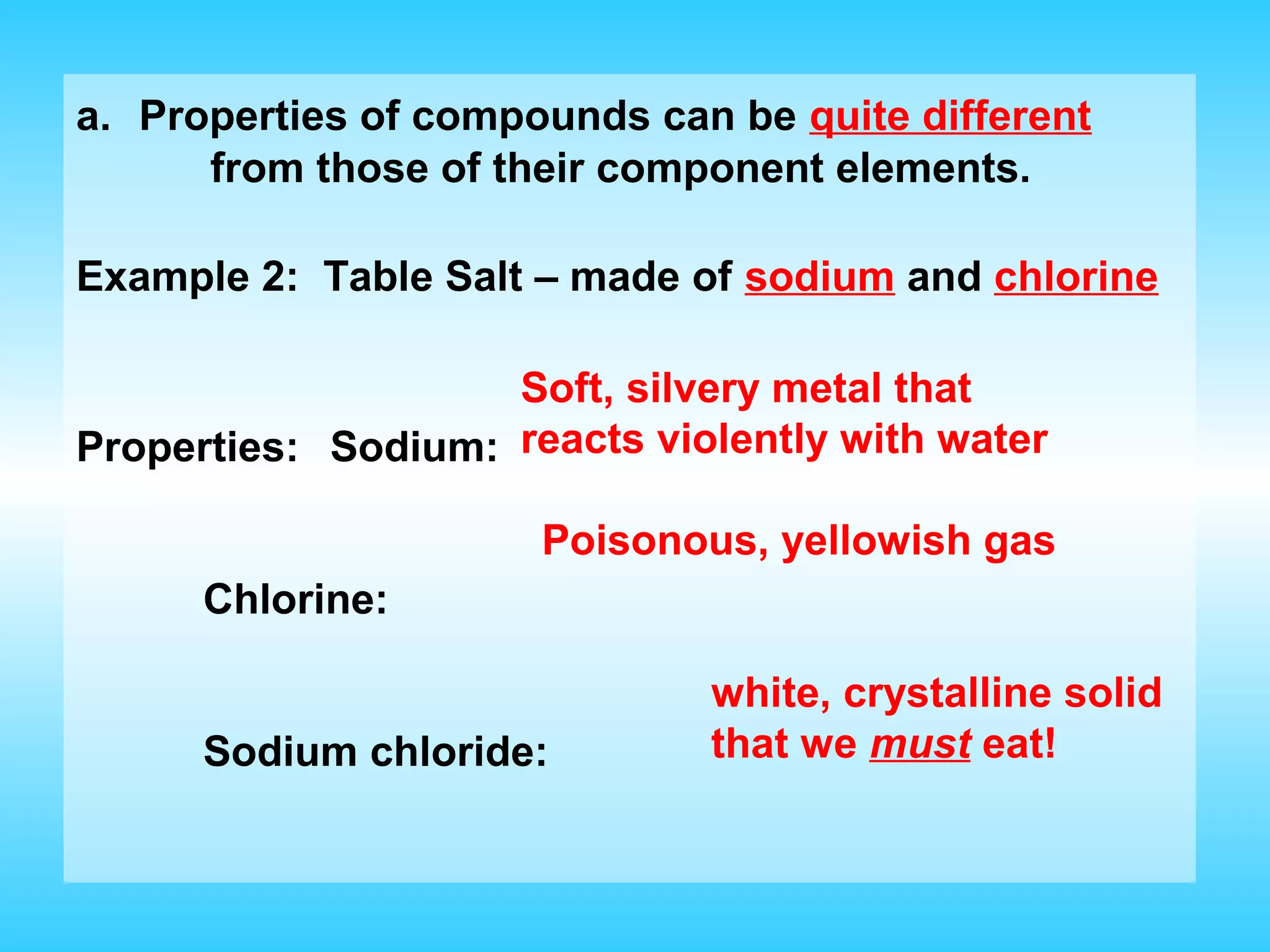 a. Properties of compounds can be quite different
      from those of their component elements.

Example 2: Table Salt – made of sodium and chlorine

                    Soft, silvery metal that
Properties: Sodium: reacts violently with water

                      Poisonous, yellowish gas
      Chlorine:

                              white, crystalline solid
      Sodium chloride:        that we must eat!
 
