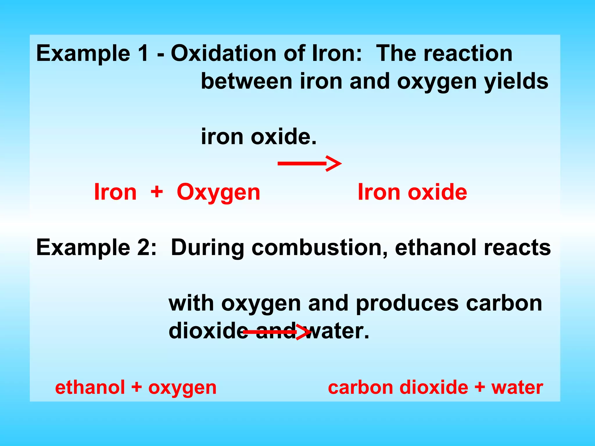 Example 1 - Oxidation of Iron: The reaction
              between iron and oxygen yields

               iron oxide.

    Iron + Oxygen               Iron oxide

Example 2: During combustion, ethanol reacts

            with oxygen and produces carbon
            dioxide and water.

 ethanol + oxygen            carbon dioxide + water
 