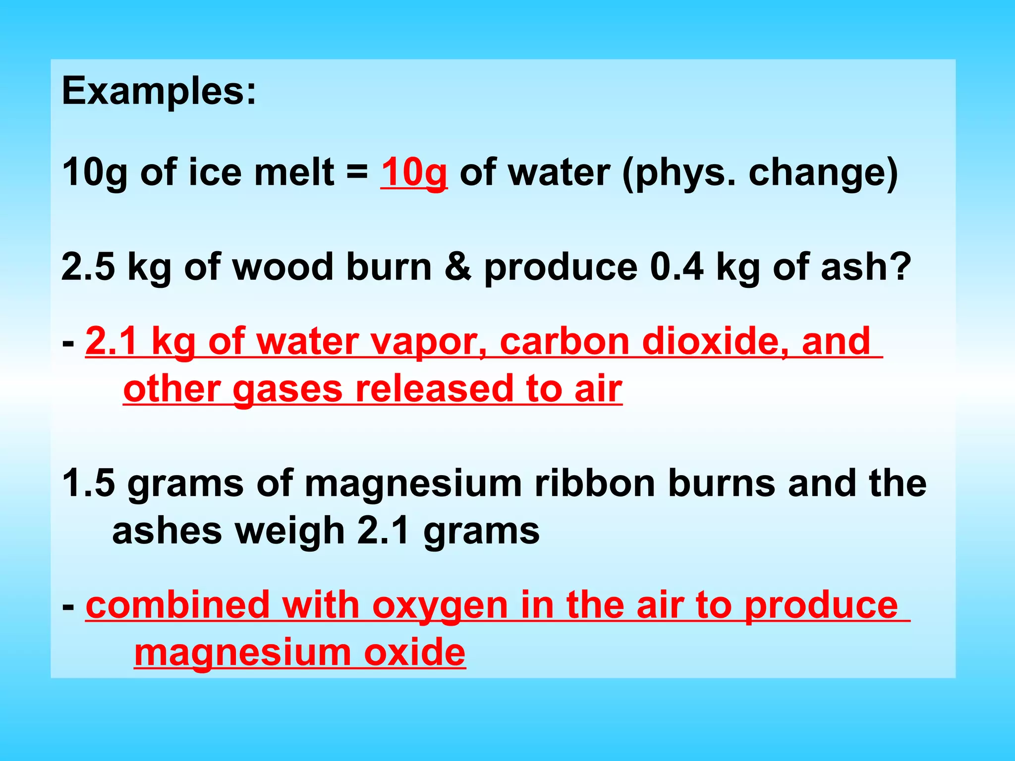 Examples:

10g of ice melt = 10g of water (phys. change)

2.5 kg of wood burn & produce 0.4 kg of ash?
- 2.1 kg of water vapor, carbon dioxide, and
    other gases released to air

1.5 grams of magnesium ribbon burns and the
   ashes weigh 2.1 grams
- combined with oxygen in the air to produce
    magnesium oxide
 