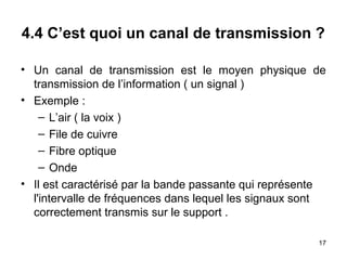4.4 C’est quoi un canal de transmission ?
• Un canal de transmission est le moyen physique de
transmission de l’information ( un signal )
• Exemple :
– L’air ( la voix )
– File de cuivre
– Fibre optique
– Onde
• Il est caractérisé par la bande passante qui représente
l'intervalle de fréquences dans lequel les signaux sont
correctement transmis sur le support .
17

 