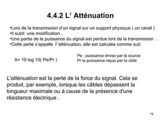 4.4.2 L’ Atténuation
•Lors de la transmission d’un signal sur un support physique ( un canal )
•Il subit une modification .
•Une partie de la puissance du signal est perdue lors de la transmission .
•Cette perte s’appelle l’’atténuation, elle est calculée comme suit:
A= 10 log 10( Pe/Pr )

Pe : puissance émise par la source
Pr la puissance reçus par la cible

L'atténuation est la perte de la force du signal. Cela se
produit, par exemple, lorsque les câbles dépassent la
longueur maximale ou à cause de la présence d'une
résistance électrique .
19

 