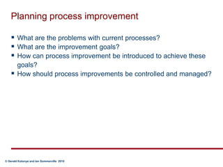 Planning process improvementWhat are the problems with current processes?What are the improvement goals?How can process improvement be introduced to achieve these goals?How should process improvements be controlled and managed?