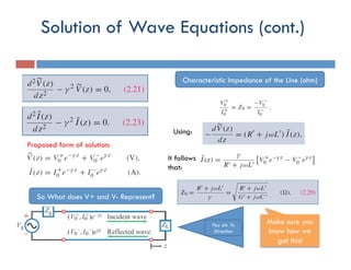 Example
¨  Verify the solution to the wave equation for voltage
in phasor form:
Note:
 