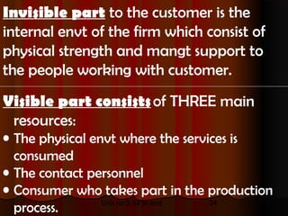 Invisible part to the customer is the
internal envt of the firm which consist of
physical strength and mangt support to
the people working with customer.
Visible part consists of THREE main
 resources:
• The physical envt where the services is
  consumed
• The contact personnel
• Consumer who takes part in the production
                 Unit no 2.34 to end 24
  process.
 