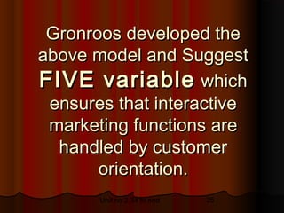 Gronroos developed the
above model and Suggest
FIVE variable which
 ensures that interactive
 marketing functions are
  handled by customer
       orientation.
       Unit no 2.34 to end   25
 