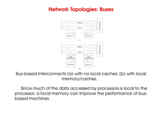 Network Topologies: Buses
Cache /
Local Memory
Cache /
Local Memory
Shared
Memory
Data
Processor 0
Address
Data
Shared
Memory
Processor 0 Processor 1
(a)
(b)
Address
Processor 1
Bus-based interconnects (a) with no local caches; (b) with local
memory/caches.
Since much of the data accessed by processors is local to the
processor, a local memory can improve the performance of bus-
based machines.
 