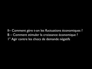 II– Comment gère t-on les fluctuations économiques ?
B – Comment stimuler la croissance économique ?
1° Agir contre les chocs de demande négatifs
 