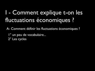 I - Comment explique t-on les
fluctuations économiques ?
A- Comment définir les fluctuations économiques ?
1° un peu de vocabulaire...
2° Les cycles
 