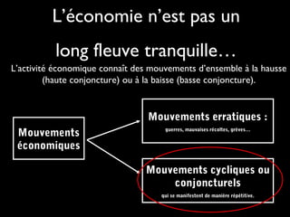 L’économie n’est pas un
long fleuve tranquille…
Mouvements
économiques
Mouvements erratiques :
guerres, mauvaises récoltes, grèves…
Mouvements cycliques ou
conjoncturels
qui se manifestent de manière répétitive.
L’activité économique connaît des mouvements d’ensemble à la hausse
(haute conjoncture) ou à la baisse (basse conjoncture).
 