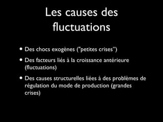 Les causes des
fluctuations
• Des chocs exogènes ("petites crises”)
• Des facteurs liés à la croissance antérieure
(fluctuations)
• Des causes structurelles liées à des problèmes de
régulation du mode de production (grandes
crises)
 