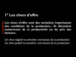 1° Les chocs d’offre
Les chocs d’offre sont des variations importantes
des conditions de la production ; ils découlent
notamment de la productivité ou du prix des
facteurs.
Un choc négatif va entraîner une baisse de la production
Un choc positif va entraîner une hausse de la production
 