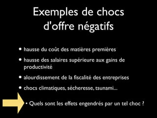 Exemples de chocs
d'offre négatifs
• hausse du coût des matières premières
• hausse des salaires supérieure aux gains de
productivité
• alourdissement de la fiscalité des entreprises
• chocs climatiques, sécheresse, tsunami...
• Quels sont les effets engendrés par un tel choc ?
 
