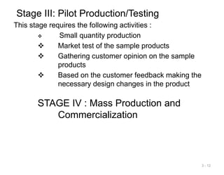 Stage III: Pilot Production/Testing
This stage requires the following activities :
 Small quantity production
 Market test of the sample products
 Gathering customer opinion on the sample
products
 Based on the customer feedback making the
necessary design changes in the product
STAGE IV : Mass Production and
Commercialization
3 - 12
 