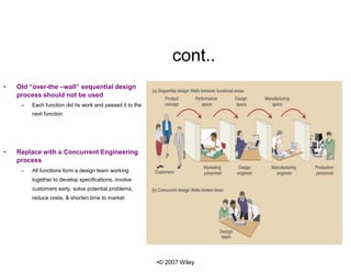 •© 2007 Wiley
cont..
• Old “over-the –wall” sequential design
process should not be used
– Each function did its work and passed it to the
next function
• Replace with a Concurrent Engineering
process
– All functions form a design team working
together to develop specifications, involve
customers early, solve potential problems,
reduce costs, & shorten time to market
 
