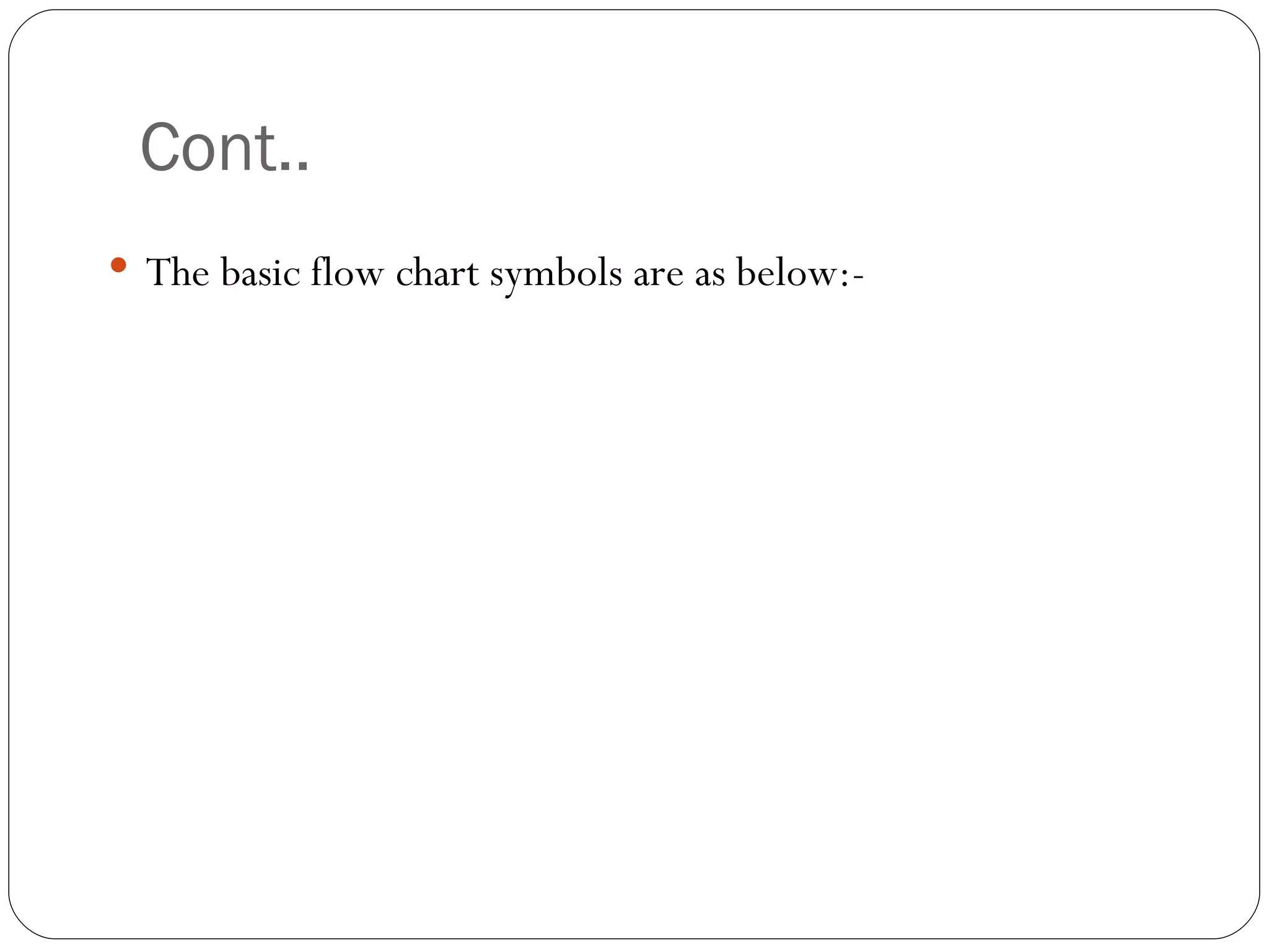 Cont.. The basic flow chart symbols are as below:- 