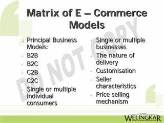 Matrix of E – Commerce
            Models
    Principal Business   •   Single or multiple
    Models:                  businesses
•   B2B                  •   The nature of
•   B2C                      delivery
•   C2B                  •   Customisation
•   C2C                  •   Seller
•   Single or multiple       characteristics
    individual           •   Price selling
    consumers                mechanism
 