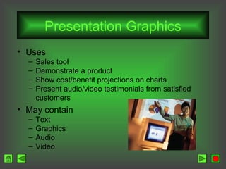 Presentation Graphics
• Uses
–
–
–
–

Sales tool
Demonstrate a product
Show cost/benefit projections on charts
Present audio/video testimonials from satisfied
customers

• May contain
–
–
–
–

Text
Graphics
Audio
Video

 