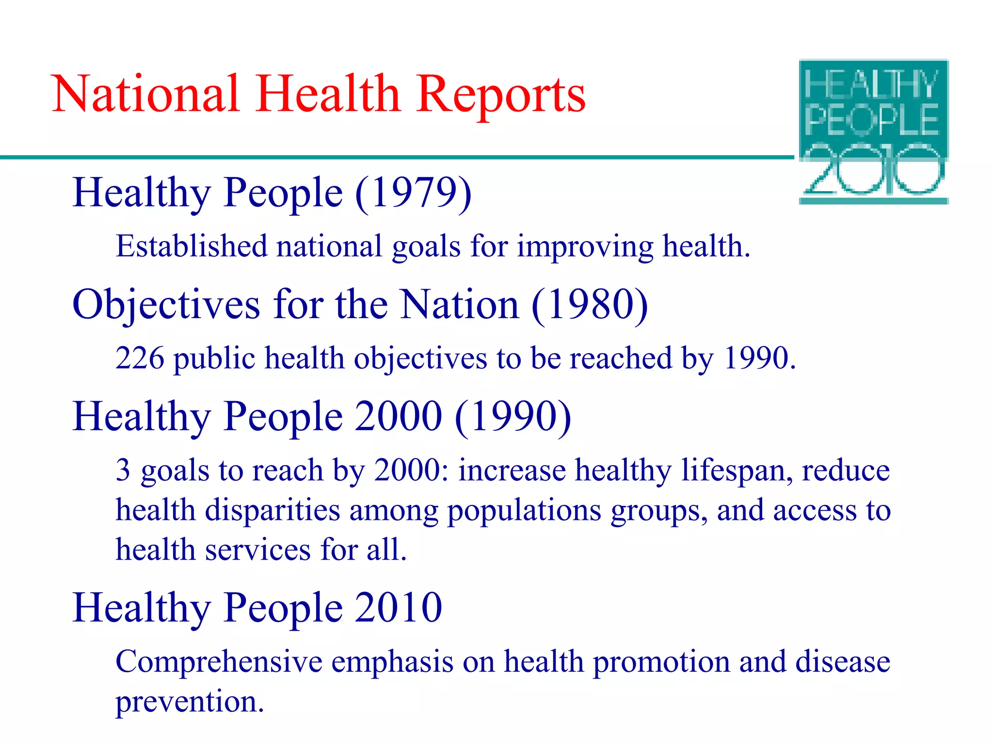 National Health Reports
Healthy People (1979)
Established national goals for improving health.
Objectives for the Nation (1980)
226 public health objectives to be reached by 1990.
Healthy People 2000 (1990)
3 goals to reach by 2000: increase healthy lifespan, reduce
health disparities among populations groups, and access to
health services for all.
Healthy People 2010
Comprehensive emphasis on health promotion and disease
prevention.
 