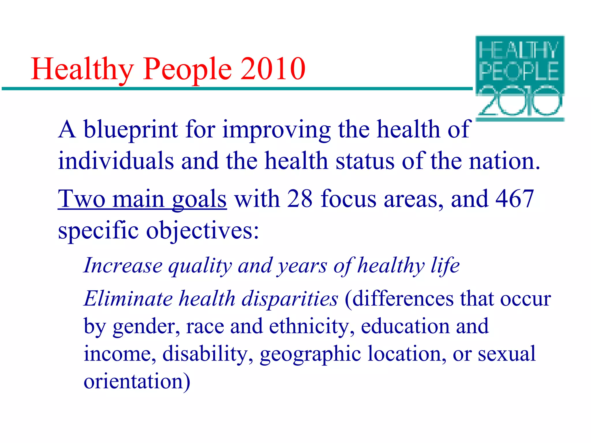 Healthy People 2010
A blueprint for improving the health of
individuals and the health status of the nation.
Two main goals with 28 focus areas, and 467
specific objectives:
Increase quality and years of healthy life
Eliminate health disparities (differences that occur
by gender, race and ethnicity, education and
income, disability, geographic location, or sexual
orientation)
 