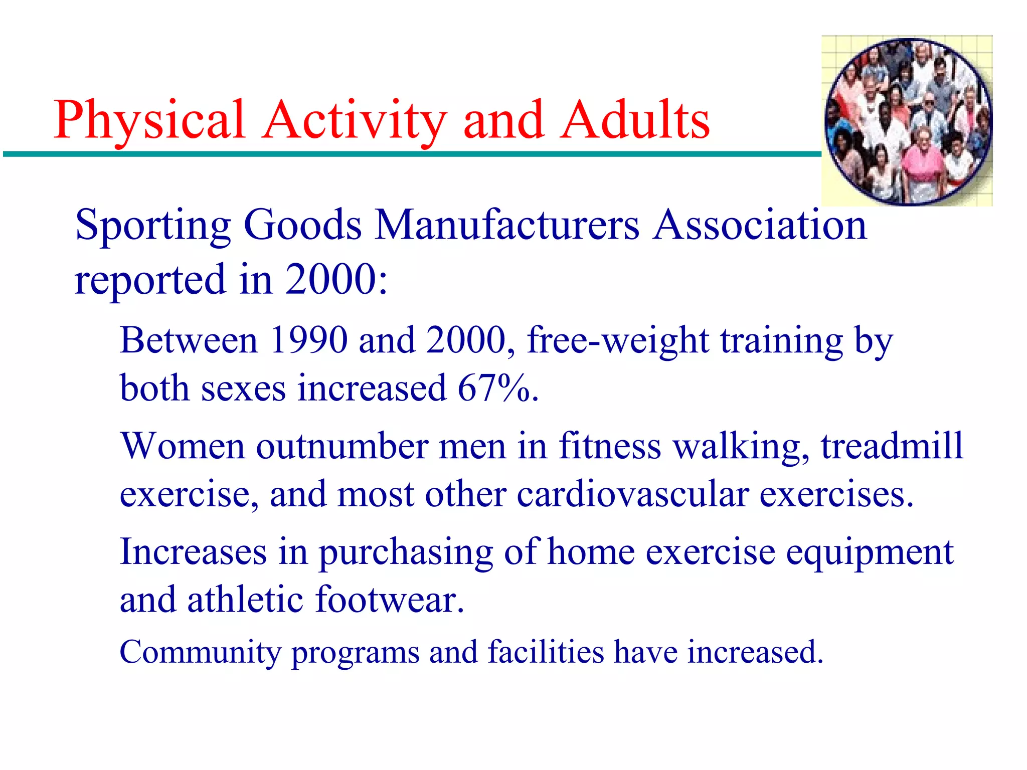 Physical Activity and Adults
Sporting Goods Manufacturers Association
reported in 2000:
Between 1990 and 2000, free-weight training by
both sexes increased 67%.
Women outnumber men in fitness walking, treadmill
exercise, and most other cardiovascular exercises.
Increases in purchasing of home exercise equipment
and athletic footwear.
Community programs and facilities have increased.
 