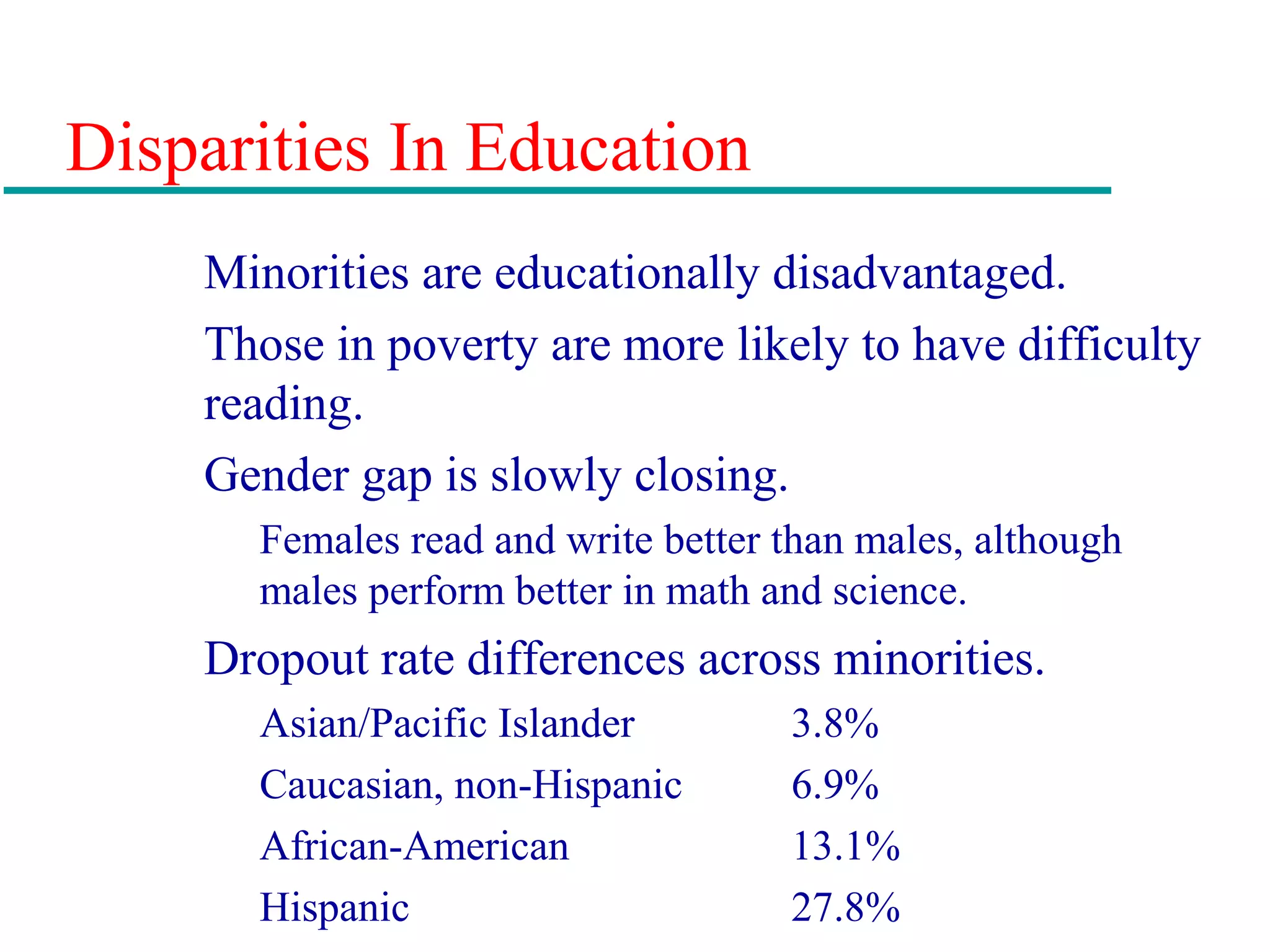 Disparities In Education
Minorities are educationally disadvantaged.
Those in poverty are more likely to have difficulty
reading.
Gender gap is slowly closing.
Females read and write better than males, although
males perform better in math and science.
Dropout rate differences across minorities.
Asian/Pacific Islander 3.8%
Caucasian, non-Hispanic 6.9%
African-American 13.1%
Hispanic 27.8%
 