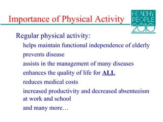 Importance of Physical Activity
Regular physical activity:
helps maintain functional independence of elderly
prevents disease
assists in the management of many diseases
enhances the quality of life for ALL
reduces medical costs
increased productivity and decreased absenteeism
at work and school
and many more…
 