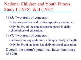 National Children and Youth Fitness
Study I (1985) & II (1987)
1985: Two areas of concern:
Body composition and cardiorespiratory endurance
Only 36.3% of the students participated in daily
school physical education.
1987: Two areas of concern:
Cardiorespiratory endurance and upper body strength
Only 36.4% of students had daily physical education.
Overall, the nation’s youth was fatter than those
of 1960.
 