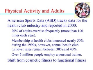 Physical Activity and Adults
American Sports Data (ASD) tracks data for the
health club industry and reported in 2000:
20% of adults exercise frequently (more than 100
times each year).
Membership at health clubs increased nearly 50%
during the 1990s, however, annual health club
turnover rates remain between 30% and 40%.
Over 5 million people employ a personal trainer.
Shift from cosmetic fitness to functional fitness
 