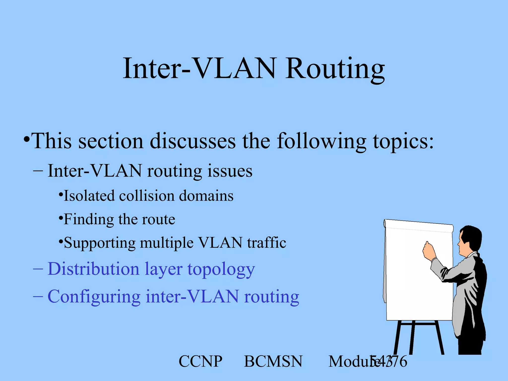 CCNP BCMSN Module 354/76
Inter-VLAN Routing
•This section discusses the following topics:
– Inter-VLAN routing issues
•Isolated collision domains
•Finding the route
•Supporting multiple VLAN traffic
– Distribution layer topology
– Configuring inter-VLAN routing
 