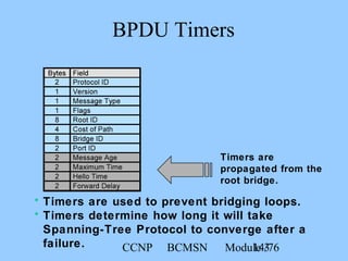 CCNP BCMSN Module 314/76
BPDU Timers
Timers are
propagated from the
root bridge.
• Timers are used to prevent bridging loops.
• Timers determine how long it will take
Spanning-Tree Protocol to converge after a
failure.
 