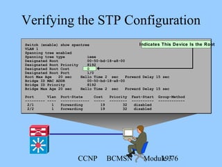 CCNP BCMSN Module 319/76
Verifying the STP Configuration
Indicates This Device Is the RootSwitch (enable) show spantree
VLAN 1
Spanning tree enabled
Spanning tree type ieee
Designated Root 00-50-bd-18-a8-00
Designated Root Priority 8192
Designated Root Cost 0
Designated Root Port 1/0
Root Max Age 20 sec Hello Time 2 sec Forward Delay 15 sec
Bridge ID MAC ADDR 00-50-bd-18-a8-00
Bridge ID Priority 8192
Bridge Max Age 20 sec Hello Time 2 sec Forward Delay 15 sec
Port Vlan Port-State Cost Priority Fast-Start Group-Method
--------- ---- ------------- ----- -------- ---------- ------------
2/1 1 forwarding 19 32 disabled
2/2 1 forwarding 19 32 disabled
 