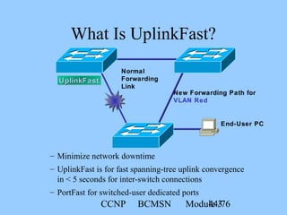 CCNP BCMSN Module 344/76
UplinkFastUplinkFastUplinkFastUplinkFast
– Minimize network downtime
– UplinkFast is for fast spanning-tree uplink convergence
in < 5 seconds for inter-switch connections
– PortFast for switched-user dedicated ports
New Forwarding Path for
VLAN Red
Normal
Forwarding
Link
End-User PC
What Is UplinkFast?
 