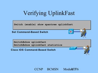 CCNP BCMSN Module 347/76
Verifying UplinkFast
Cisco IOS Command-Based Switch
Switch (enable) show spantree uplinkfast
Switch#show uplinkfast
Switch#show uplinkfast statistics
Set Command-Based Switch
 