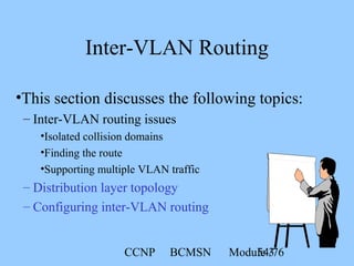 CCNP BCMSN Module 354/76
Inter-VLAN Routing
•This section discusses the following topics:
– Inter-VLAN routing issues
•Isolated collision domains
•Finding the route
•Supporting multiple VLAN traffic
– Distribution layer topology
– Configuring inter-VLAN routing
 