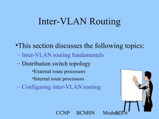 CCNP BCMSN Module 362/76
Inter-VLAN Routing
•This section discusses the following topics:
– Inter-VLAN routing fundamentals
– Distribution switch topology
•External route processors
•Internal route processors
– Configuring inter-VLAN routing
 