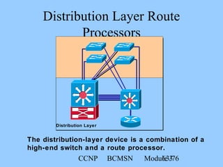 CCNP BCMSN Module 363/76
Distribution Layer Route
Processors
Distribution Layer
The distribution-layer device is a combination of a
high-end switch and a route processor.
 