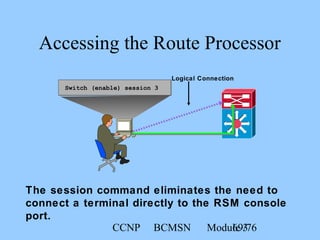 CCNP BCMSN Module 369/76
Accessing the Route Processor
Switch (enable) session 3
The session command eliminates the need to
connect a terminal directly to the RSM console
port.
Logical Connection
 