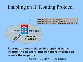 CCNP BCMSN Module 371/76
Enabling an IP Routing Protocol
Routing protocols determine optimal paths
through the network and transport information
across these paths.
RSM141(config)#ip routing
RSM141(config)#router igrp 1
RSM141(config-router)#network 172.16.0.0
172.16.10.0 172.16.30.0
172.16.20.0
Network
172.16.0.0
 