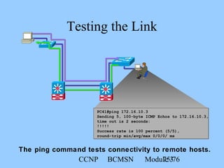 CCNP BCMSN Module 375/76
Testing the Link
PC41#ping 172.16.10.3
Sending 5, 100-byte ICMP Echos to 172.16.10.3,
time out is 2 seconds:
!!!!!
Success rate is 100 percent (5/5),
round-trip min/avg/max 0/0/0/ ms
The ping command tests connectivity to remote hosts.
 