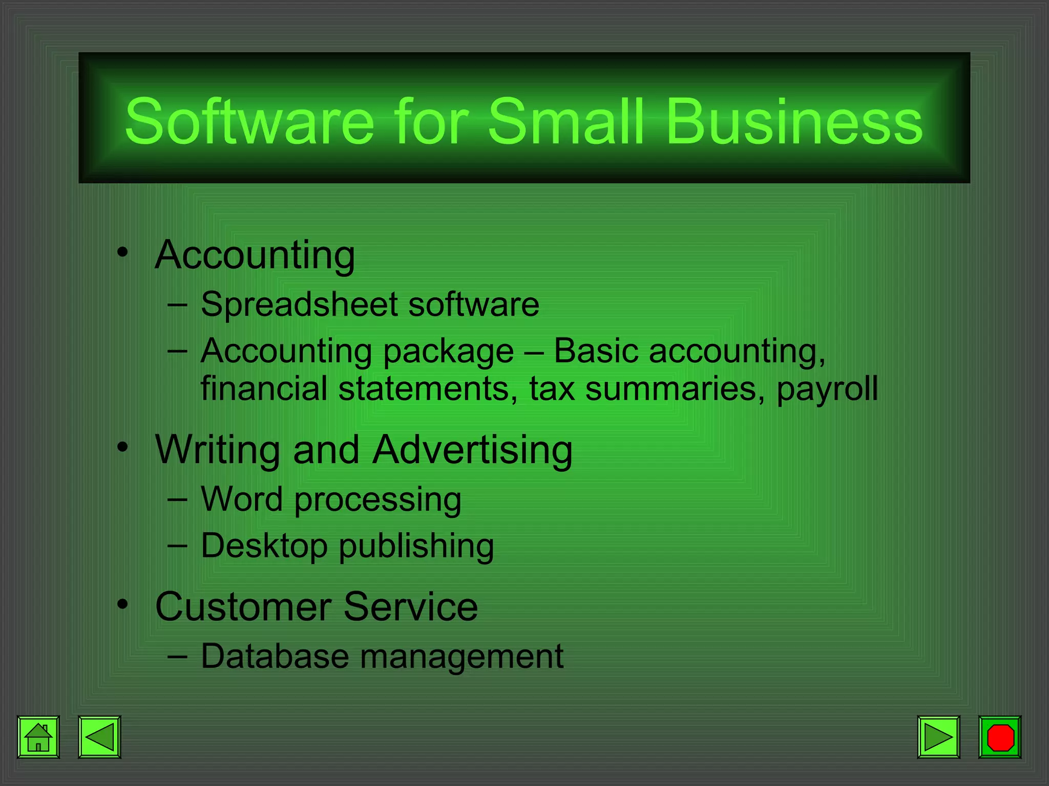 Software for Small Business
• Accounting
– Spreadsheet software
– Accounting package – Basic accounting,
financial statements, tax summaries, payroll
• Writing and Advertising
– Word processing
– Desktop publishing
• Customer Service
– Database management
 