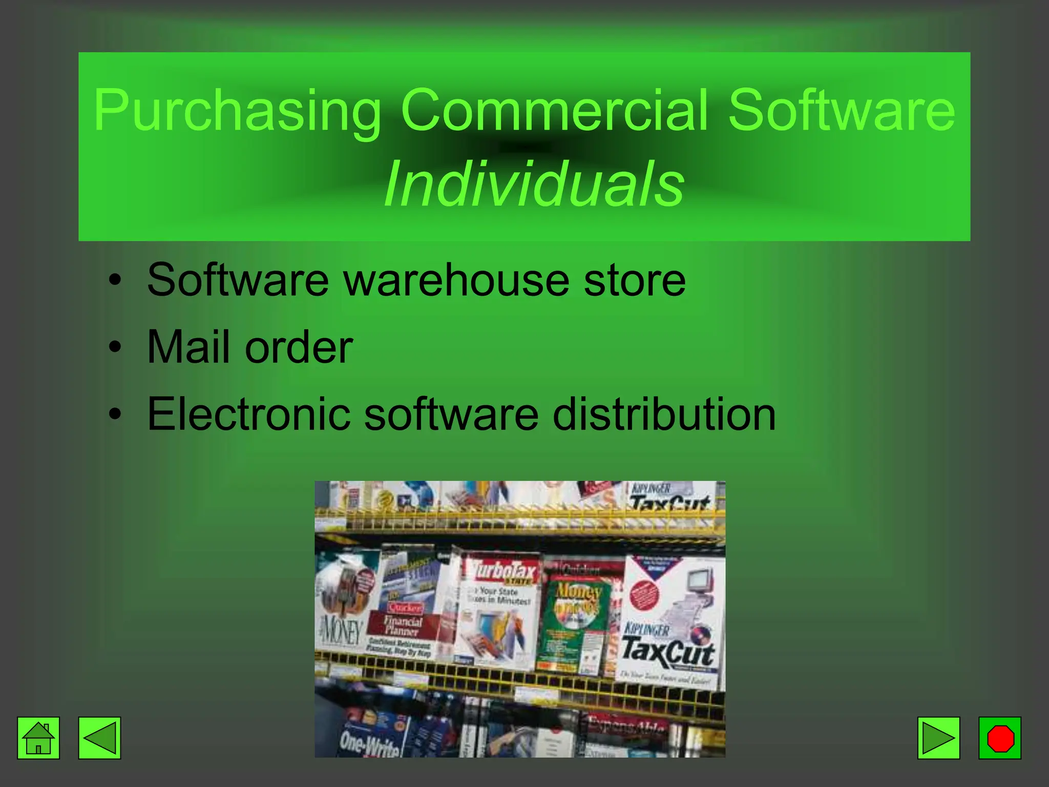 Purchasing Commercial Software
Individuals
• Software warehouse store
• Mail order
• Electronic software distribution
 
