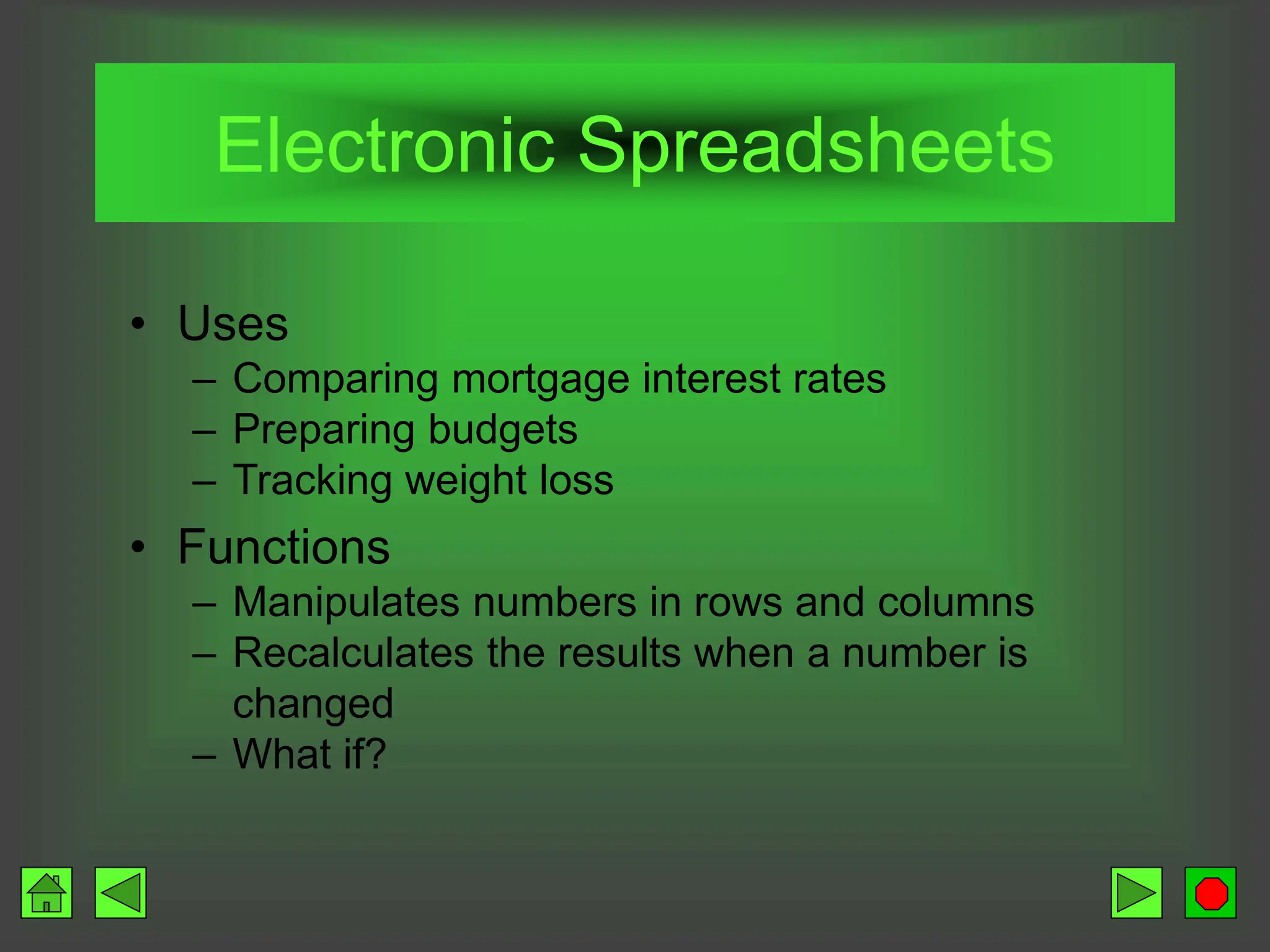 Electronic Spreadsheets
• Uses
– Comparing mortgage interest rates
– Preparing budgets
– Tracking weight loss
• Functions
– Manipulates numbers in rows and columns
– Recalculates the results when a number is
changed
– What if?
 